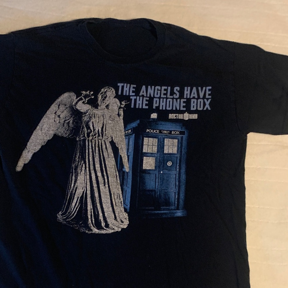 Black Graphic T-Shirt with Angel and Phone Box Design